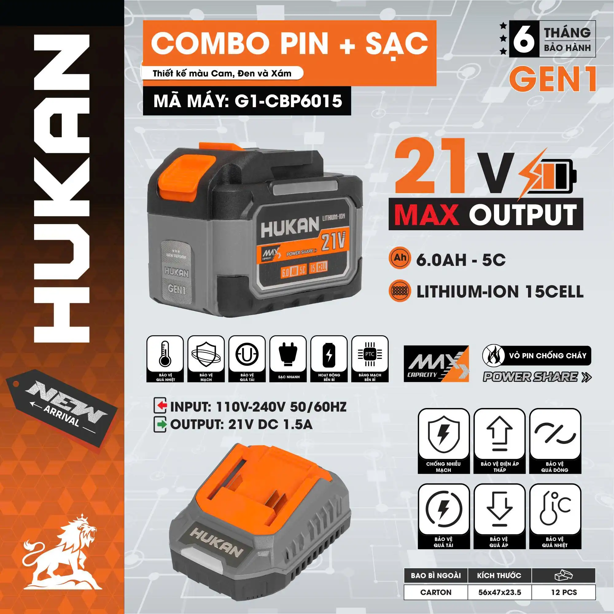 Combo 1Pin 15 Cell 6Ah 5C Và 1Sạc 1.5Ah Hukan G1-CBP6015