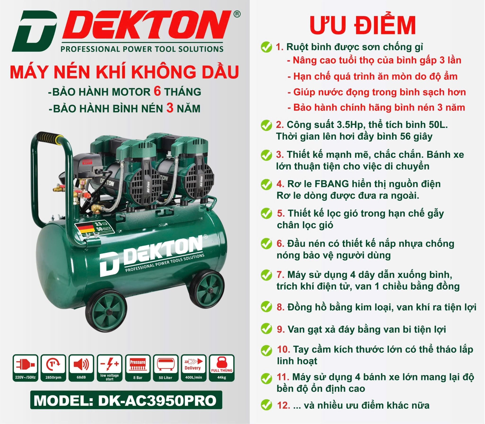 Máy Nén Khí Không Dầu 50L DEKTON DK-AC3950PRO