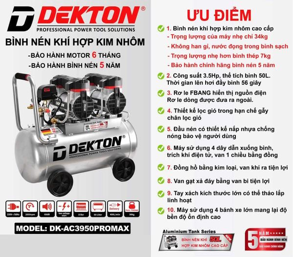 Máy Nén Khí Nhôm Không Dầu Dekton 50 Lít DK-AC3950PROMAX