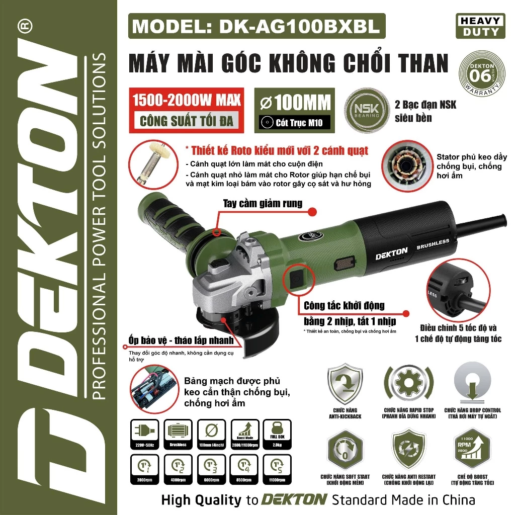 Máy Mài Góc điện Không Chổi Than 125mm Dekton DK-AG125BXBL
