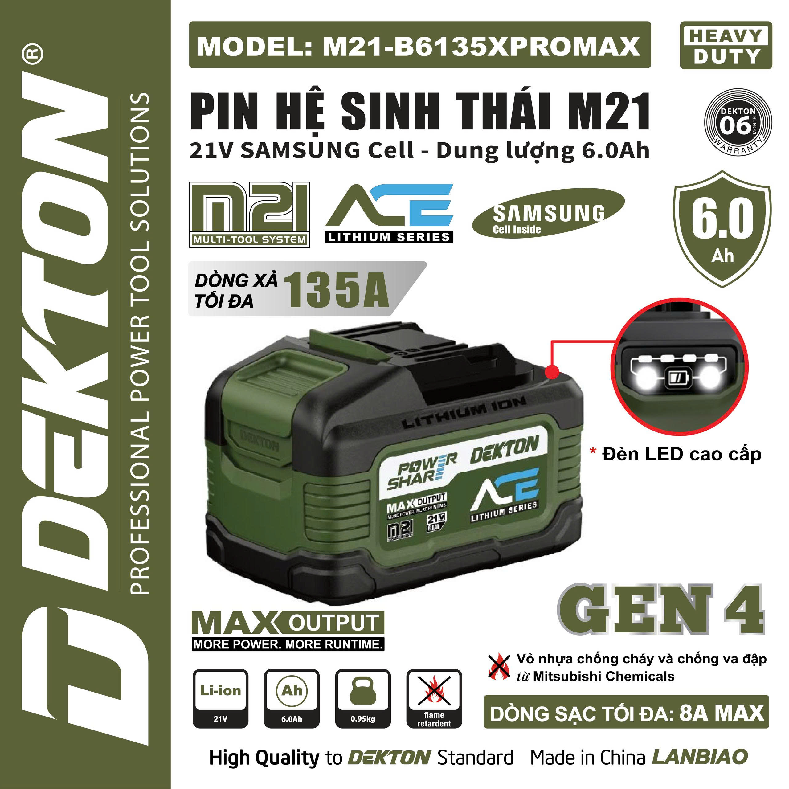Pin Dekton Gen 4 M21-B6135XPROMAX 6.0Ah Samsung Cell Chính Hãng