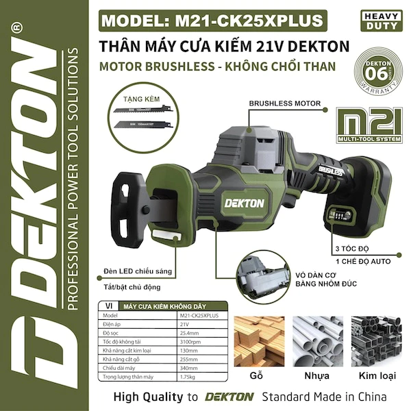 Thân Máy Cưa Kiếm Pin 21V Dekton M21-CK25XPLUS động Cơ Không Chổi Than