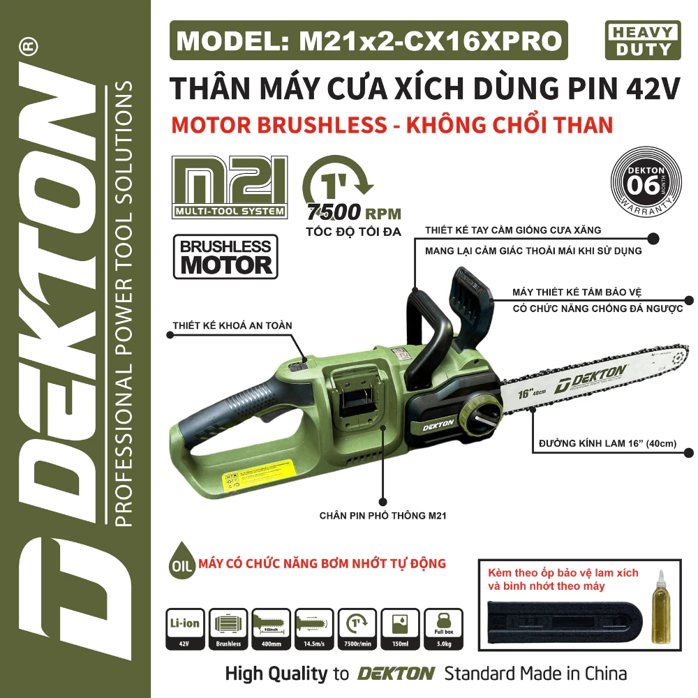 Máy Cưa Xích 16inch Dùng 2 Pin 21V Dekton M21x2-CX16XPRO