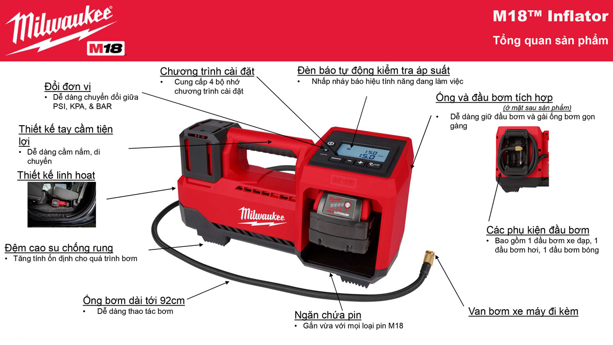 Máy Bơm Hơi Milwaukee M18 BI-0 áp Suất 150psi, Lưu Lượng 40 Lít/phút, Vòi 920mm
