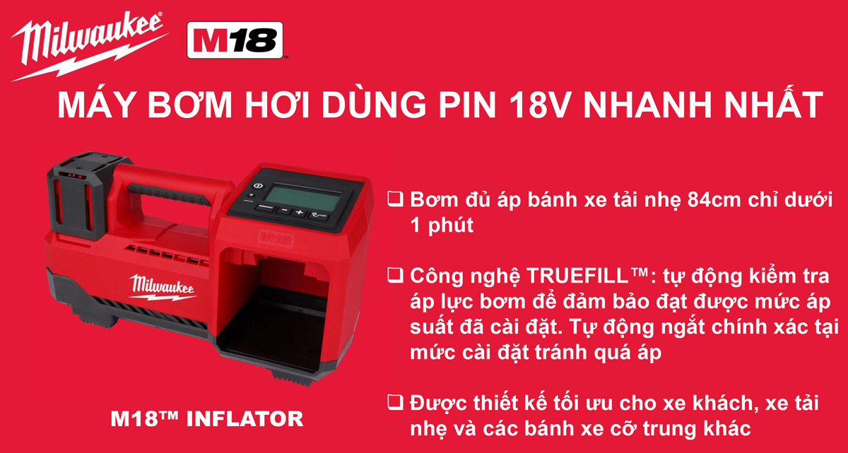 Máy Bơm Hơi Milwaukee M18 BI-0 áp Suất 150psi, Lưu Lượng 40 Lít/phút, Vòi 920mm