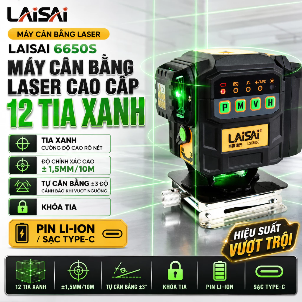 Máy Cân Bằng Laser 12 Tia Xanh LAISAI LSG-6650S - 3 Bóng 360° độc Lập, Báo Khi Chưa Cân Bằng