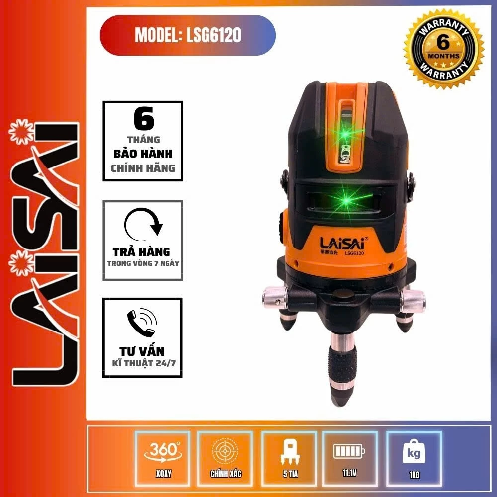 Máy Cân Bằng Laser 5 Tia Xanh LAISAI LSG 6120 - 4 Tia đứng, Chấm Dọi, Bù Nghiêng 3°