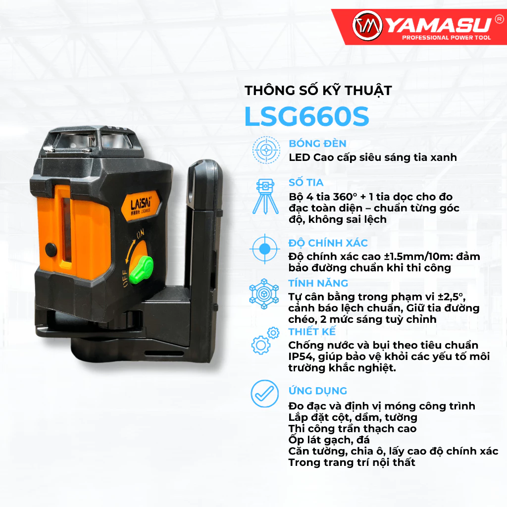 Máy Cân Bằng Laser 5 Tia Xanh LAISAI LSG660S - ±1mm/15m, 1 Ngang 4 đứng, Dọi Tâm