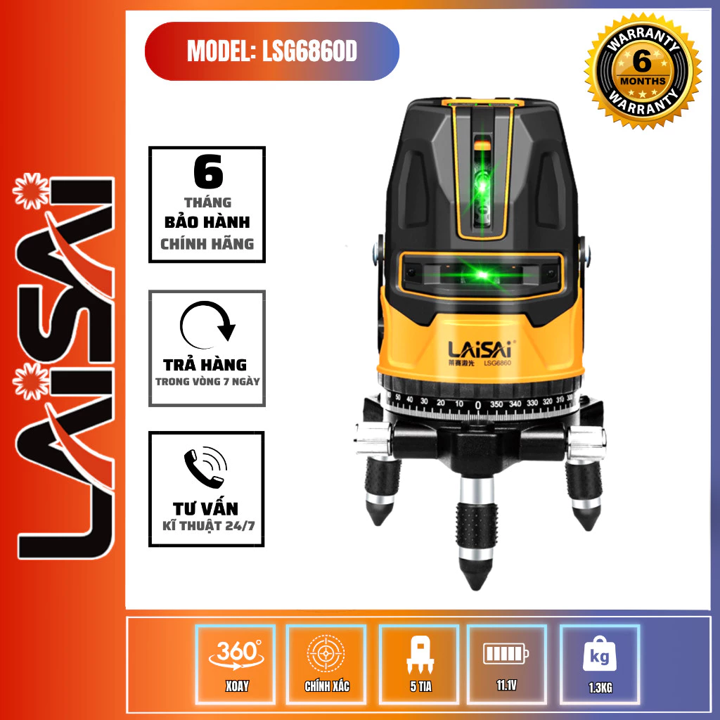 Máy Cân Bằng Laser 5 Tia Xanh LAISAI LSG6860D - 5 Tia, Bán Kính 30m, ±1mm/15m