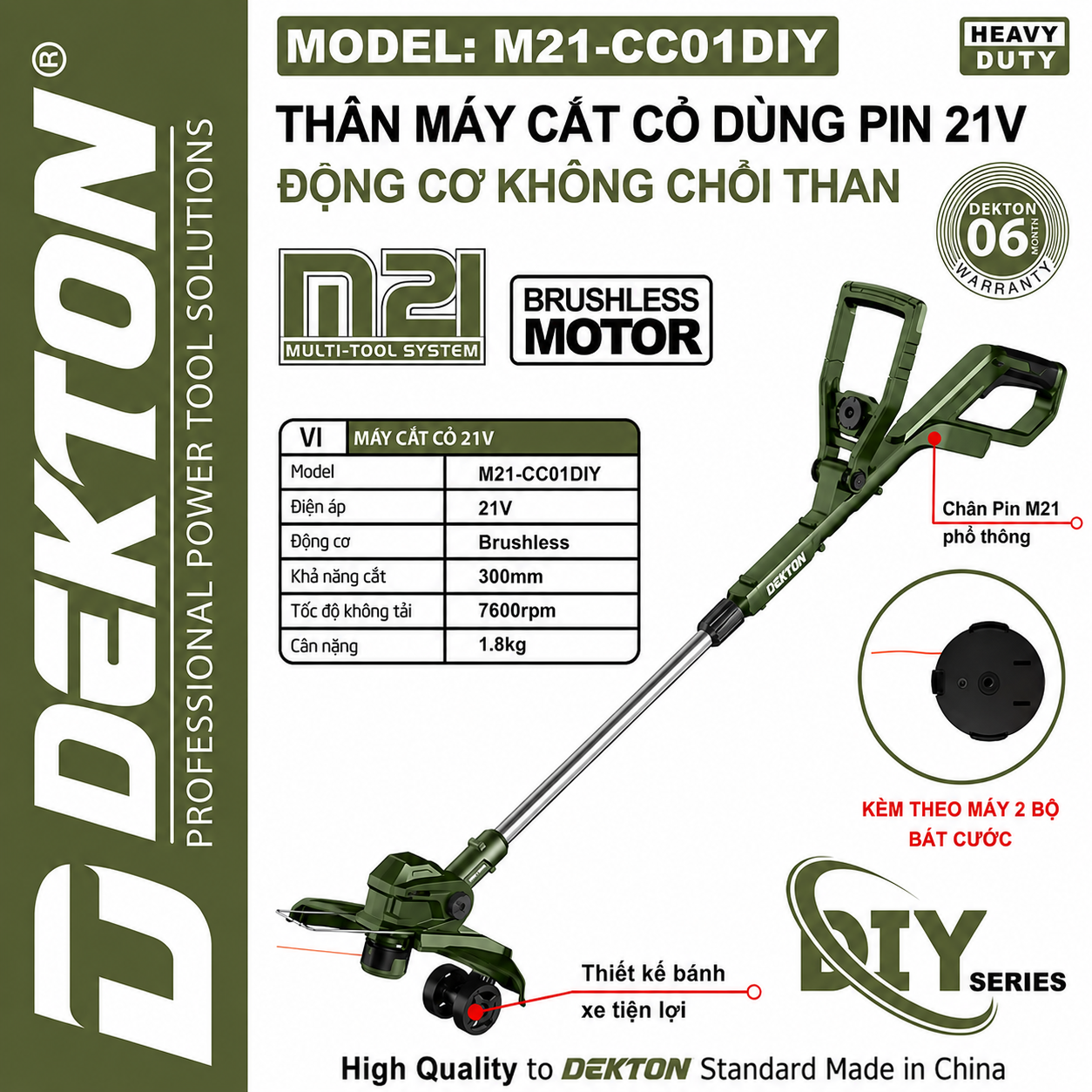 Máy Cắt Cỏ Dekton 21V M21-CC01DIY Tốc Độ 7600RPM, Động Cơ Không Chổi Than