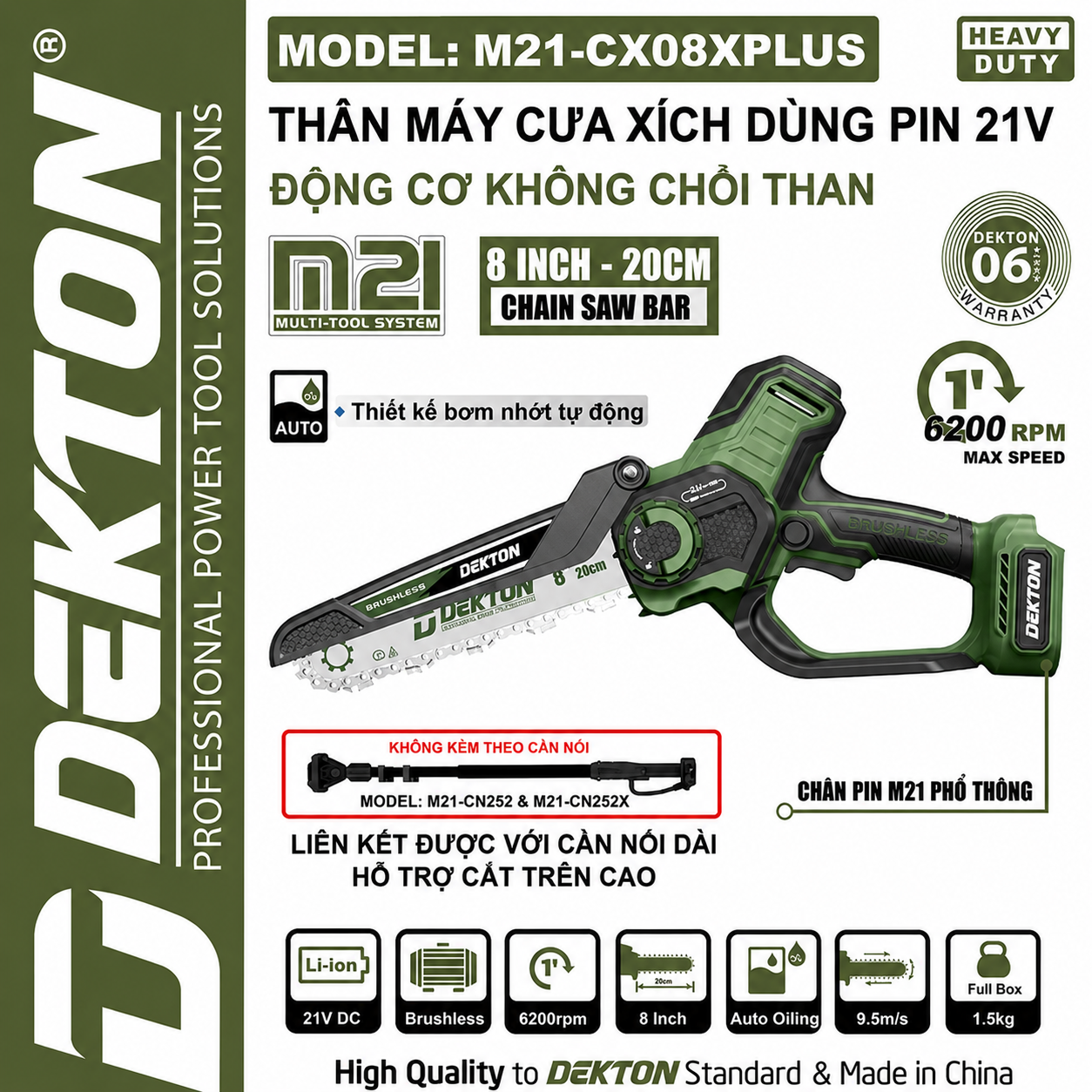 Máy Cưa Xích Pin 21V 8 Inch Dekton M21-CX08XPLUS Tốc Độ 6200 RPM Chính Hãng
