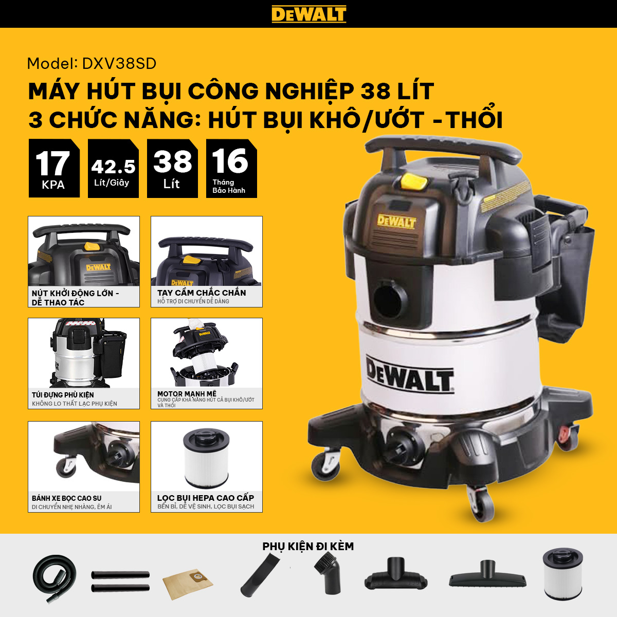 Máy hút bụi Công nghiệp 3 chức năng 38L Dewalt DXV38SD