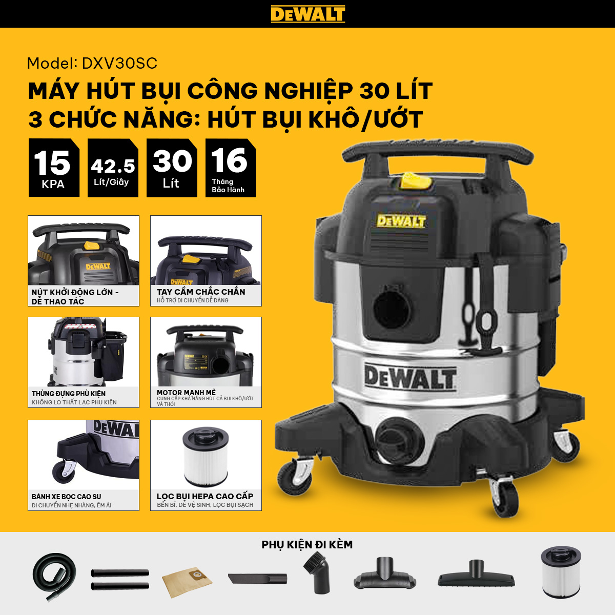 Máy hút bụi Công nghiệp 3 chức năng Dewalt DXV30SC – 30L