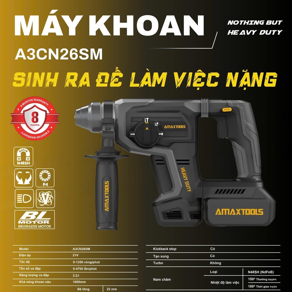 Máy Khoan Bê Tông Dùng Pin 21V 2.2J 1350 V/p AMAX A3CN26SM