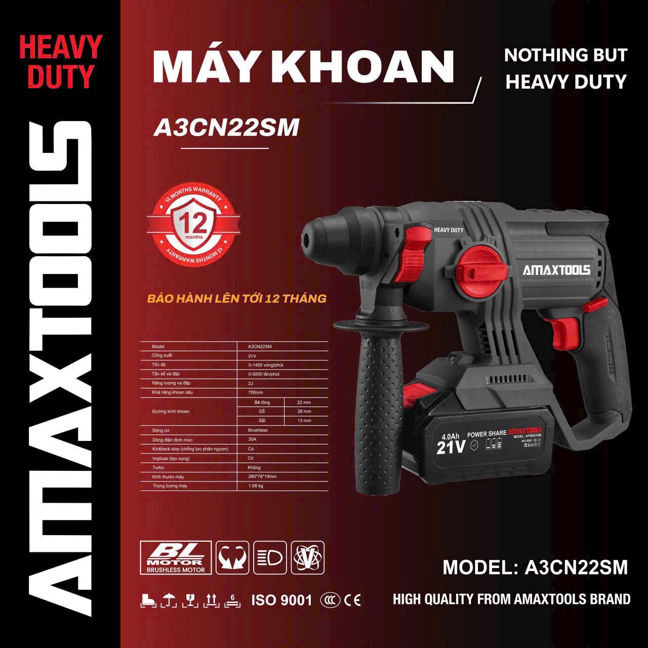 Máy Khoan đục Bê Tông Pin 21V Amaxtools A3CN22SM