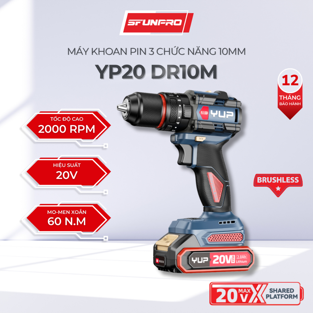 Máy Khoan Pin 20V 60Nm YUPAI YP20 DR10M 10MM 3 Chức Năng Chính Hãng