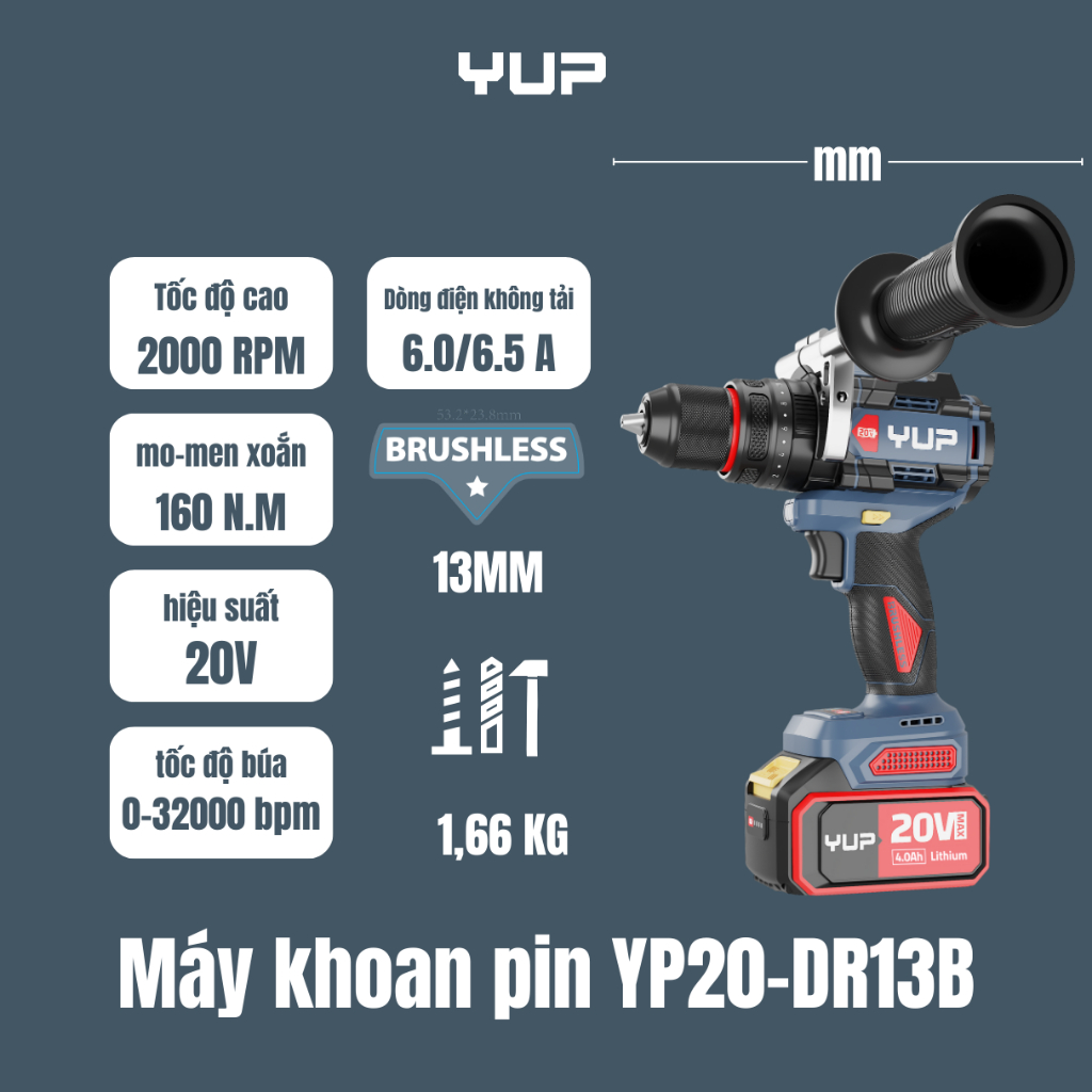 Máy Khoan Pin YUP YP20 DR13B bản 4.0Ah 13MM 3 Chức Năng- Khoan, Bắt Vít, Đảo Chiều, Chính Hãng