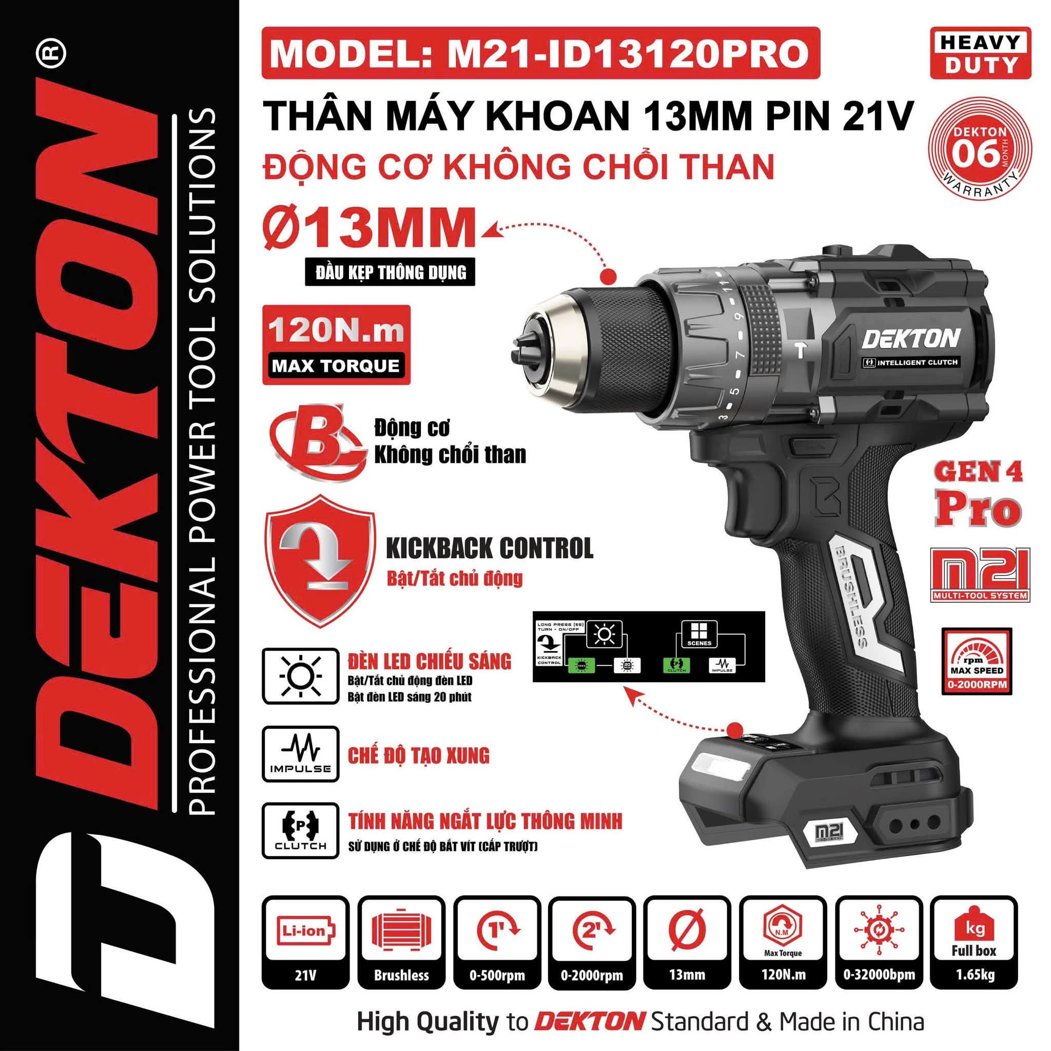 Máy Khoan Pin 21V Dekton 120Nm M21-ID13120PRO 13mm, 3 Chức Năng, Tạo Xung, Ngắt Lực Thông Minh