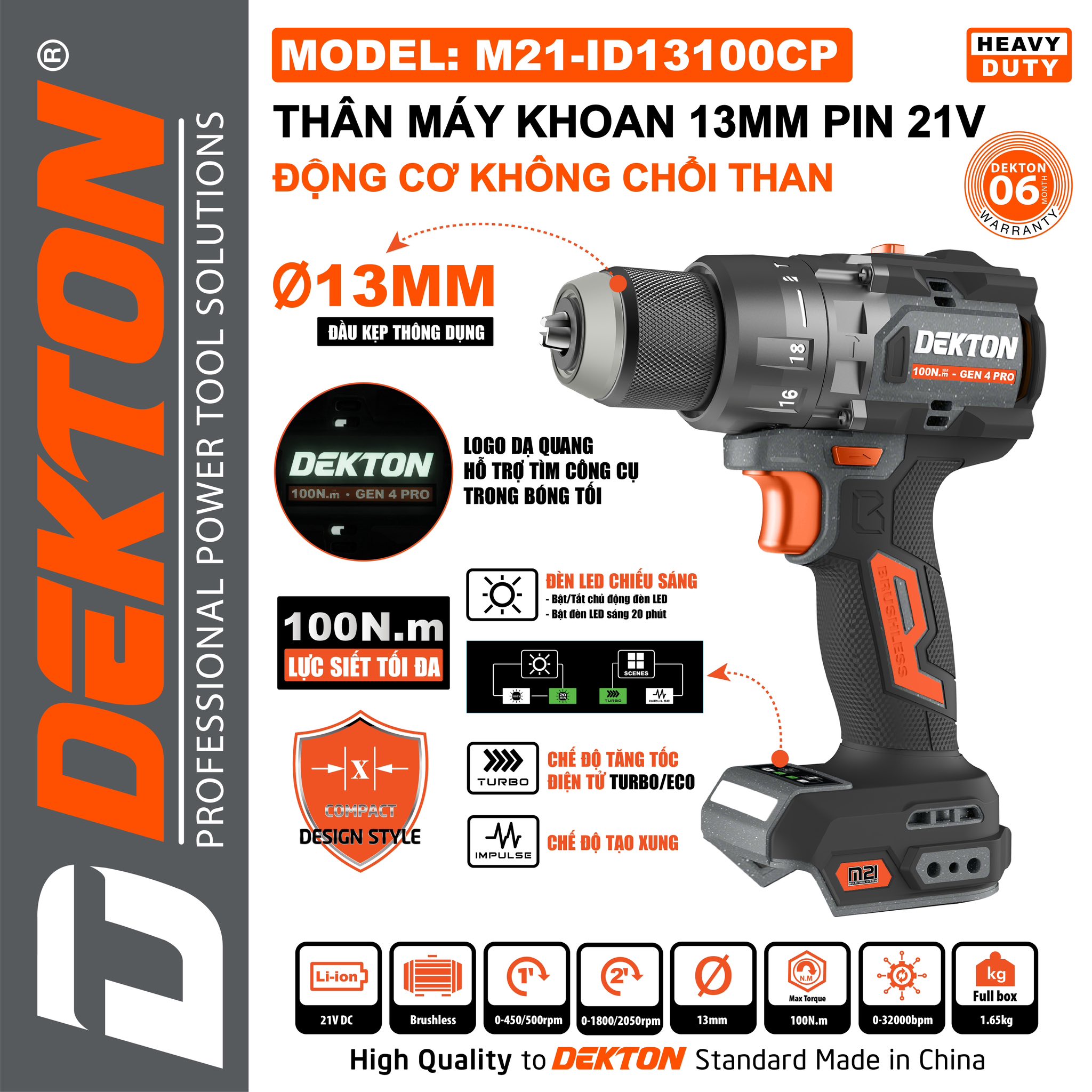 Máy Khoan Pin Dekton 3 Chức Năng M21-ID13100CP Xám