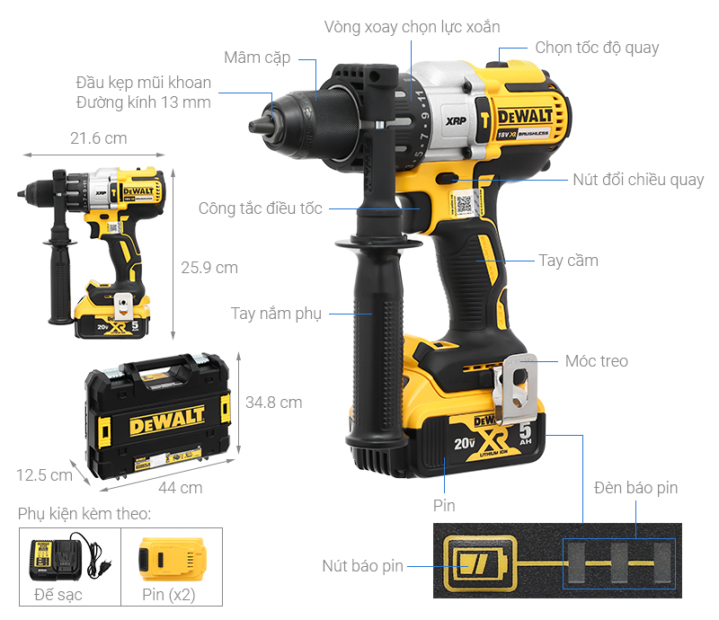 Máy Khoan Pin Dewalt 95Nm DCD996P2-KR Dùng Pin 18V, Động Cơ Không Chổi Than
