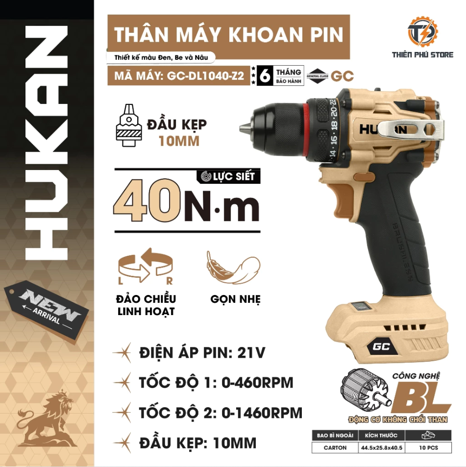 Máy Khoan Pin HUKAN GC-DL1040-Z2 21V, Lực Siết 40Nm, Đầu Kẹp 10mm, Động Cơ Không Chổi Than