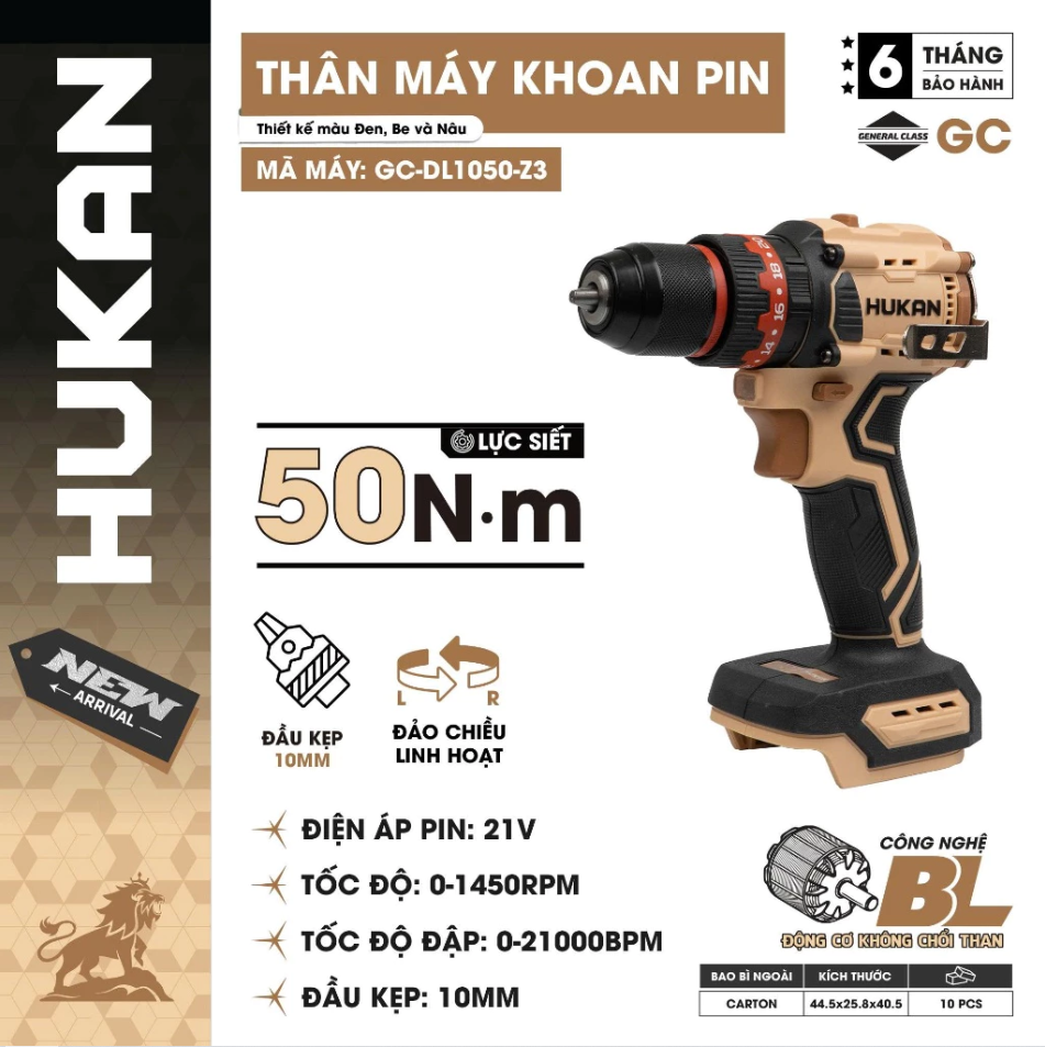 Máy Khoan Pin HUKAN GC-DL1050-Z3, Đầu 10mm 3 Chức Năng - Lực Siết 50Nm Không Chổi Than