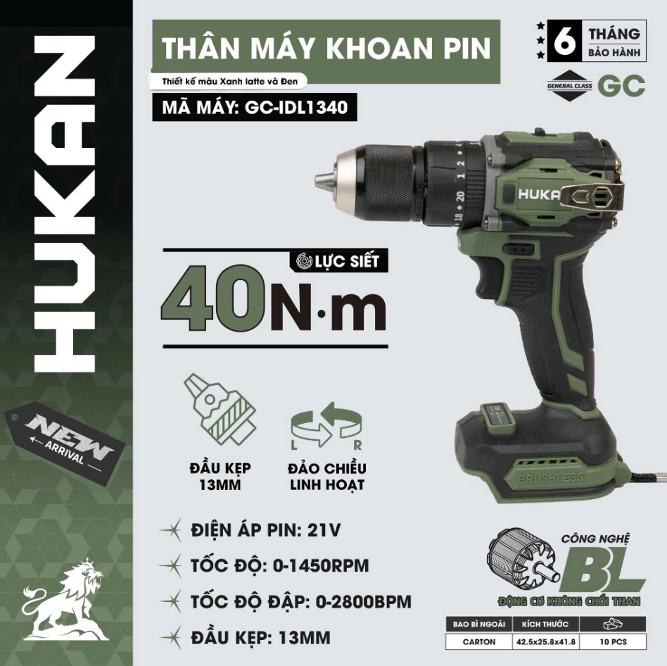 Máy Khoan Pin HUKAN GC-IDL1340 Đầu 13mm, Lực Siết 40Nm, 3 Chức Năng, Động Cơ Không Chổi Than