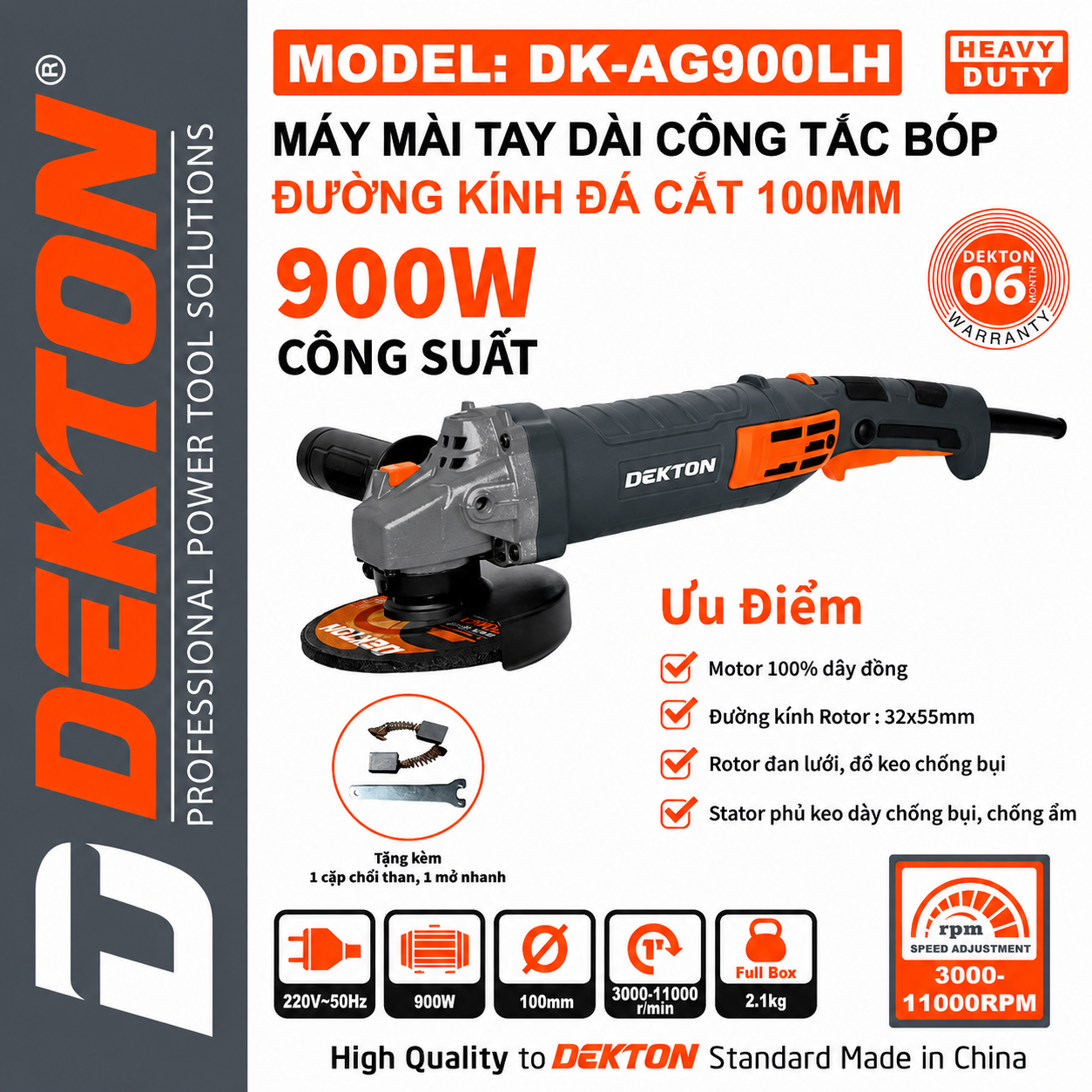 Máy Mài Góc Điện Dekton 900W DK-AG900LH, Đường kính 100mm