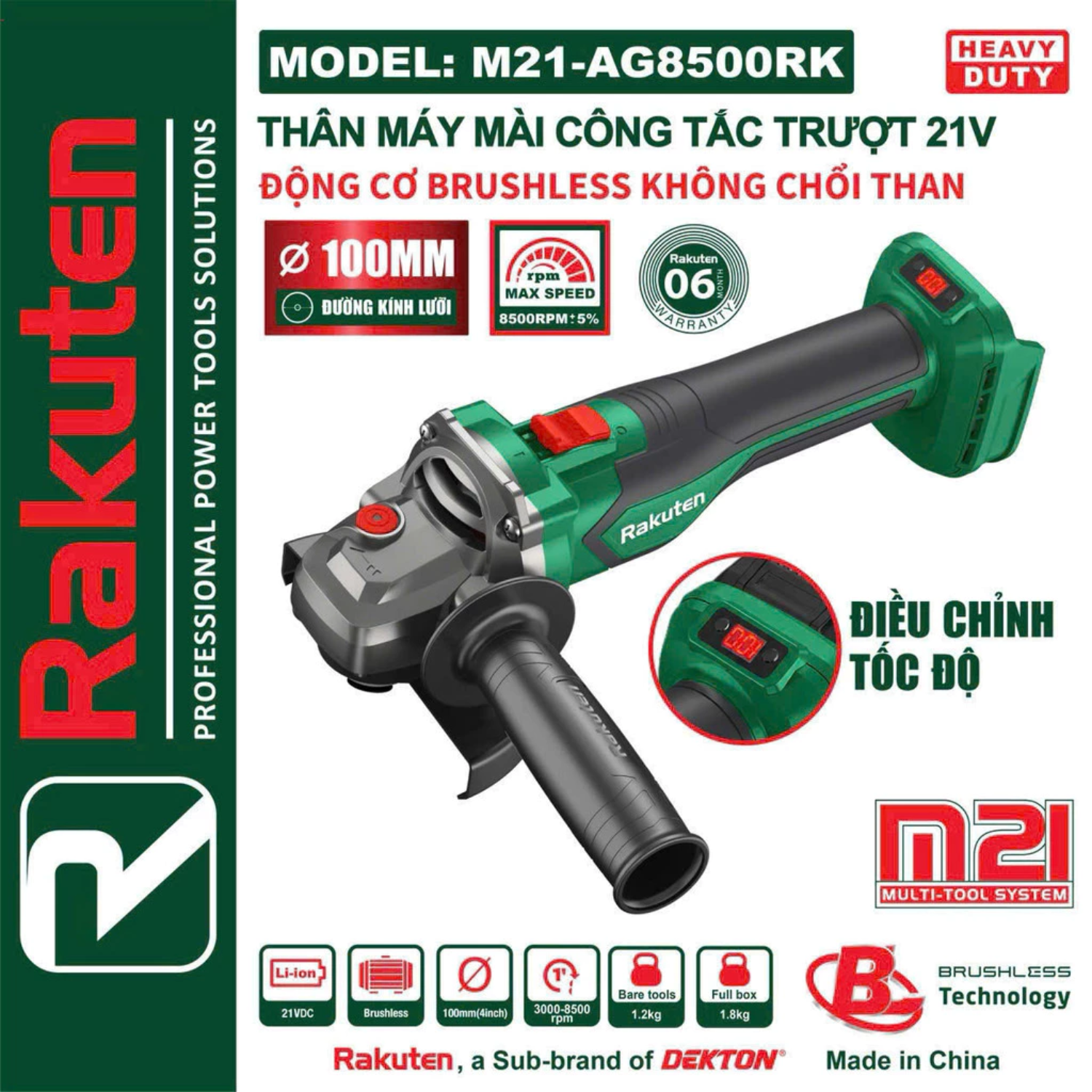 Máy Mài Góc 21V Rakuten M21-AG8500RK 100mm, Công Tắc Trượt, Chính Hãng Dekton