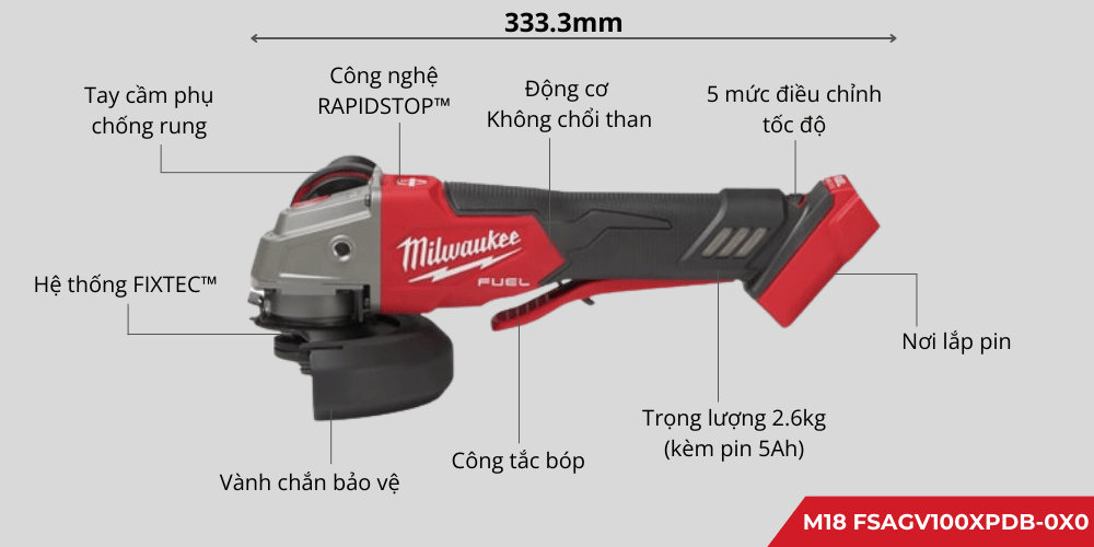 Máy Mài Góc Milwaukee M18 FSAGV100XPDB-0X0, Lưỡi 100mm, Phanh RAPIDSTOP