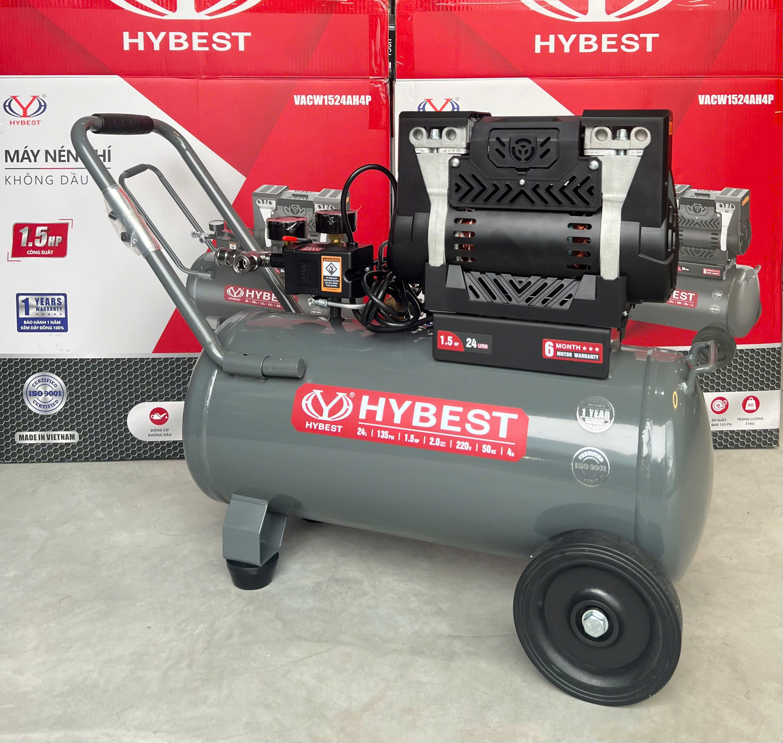 Máy Nén Khí Không Dầu 24L 1.5HP Hybest VACW1524AH4P - Nạp Hơi Nhanh, Giảm Ồn