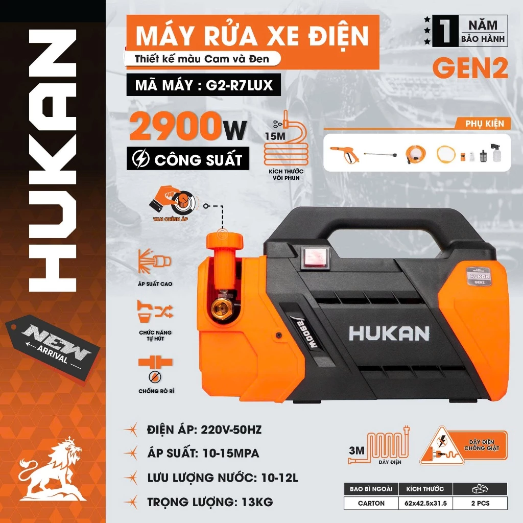 M&aacute;y Rửa Xe Chỉnh &aacute;p HUKAN G2-R7 LUX, 2900W, Động Cơ đồng, 150Bar, C&oacute; &Aacute;T CHỐNG GIẬT