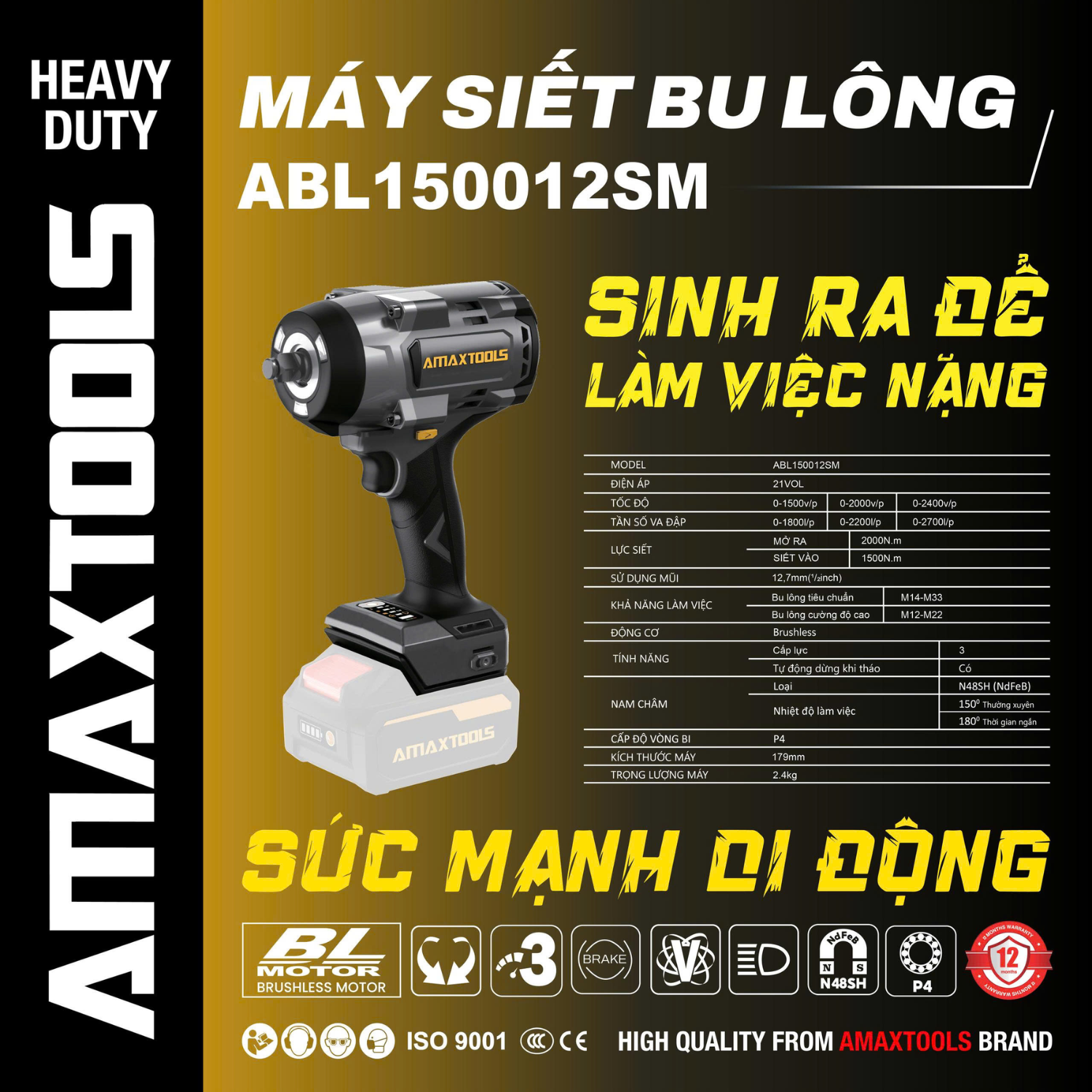 Máy Siết Bulong 1500Nm Pin 21V Amaxtools ABL150012SM, Lực Mở 2000Nm Chính Hãng