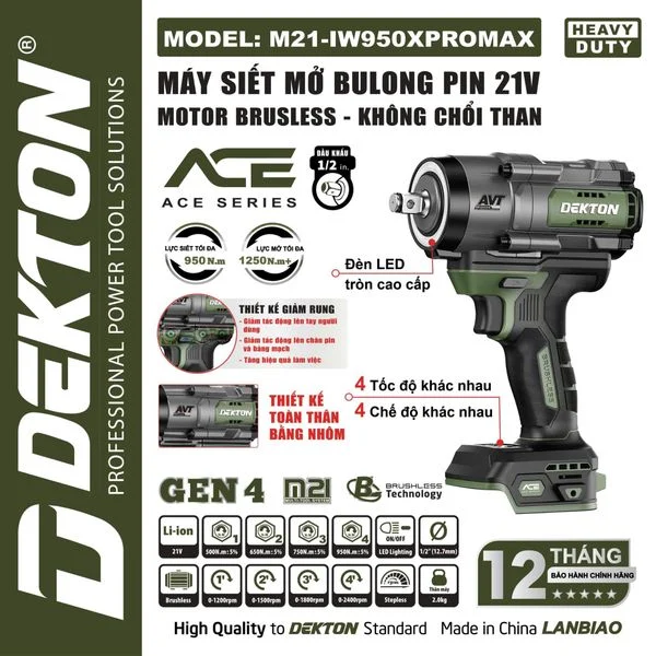 Máy Siết Bulong Dekton 21V 950Nm IW950XPROMAX, Đầu 1 2 Inch, Model M21-IW950XPROMAX Chính Hãng