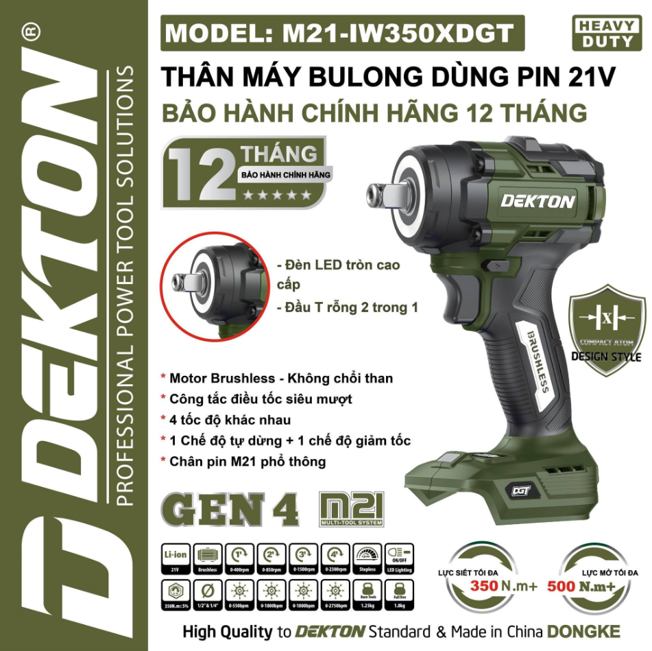 Máy Siết Bulong Dekton 350Nm M21-IW350XDGT Dùng Pin 21V Chính Hãng