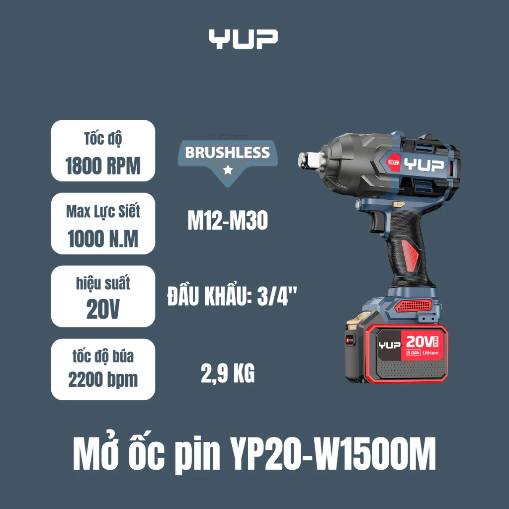 Máy Siết Bulong Pin Yupai YP20 W1500M - Lực Siết 1500Nm, Đầu Khẩu 3/4 Inch Chính Hãng