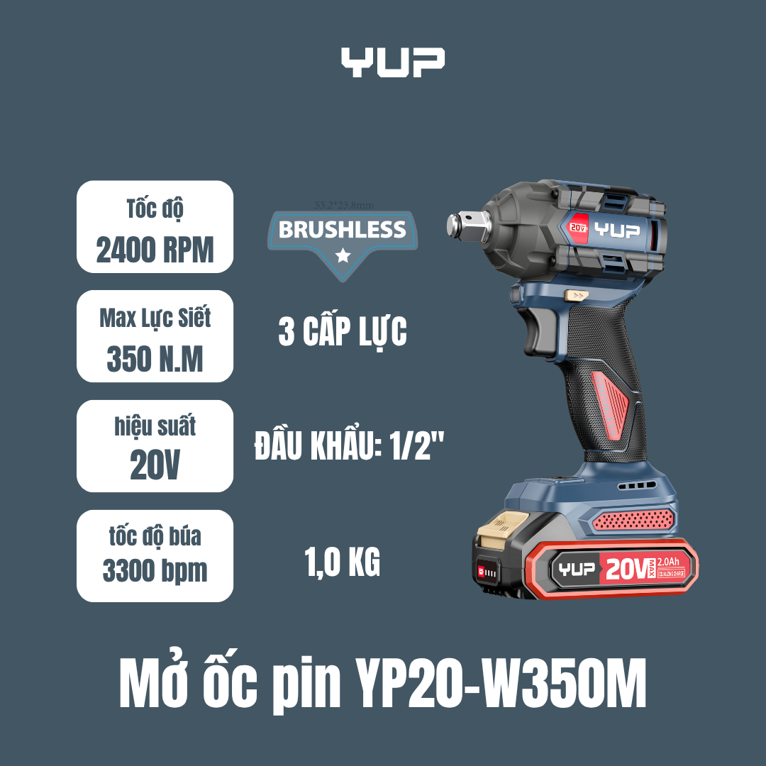 Máy Siết Bulong Pin Yupai YP20-W350M 20V, Lực Siết 350Nm, Đầu Khẩu 12 inch Chính Hãng