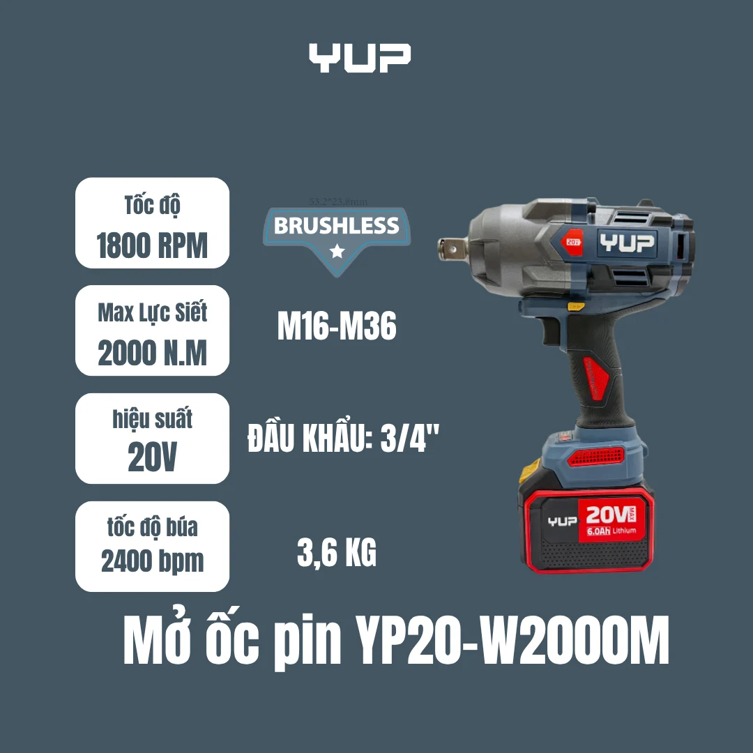 Máy Siết Bulong Yupai YP20 W2000A Đầu Khẩu 3/4 Inch, Lực Siết 2000Nm, Động Cơ Không Chổi Than