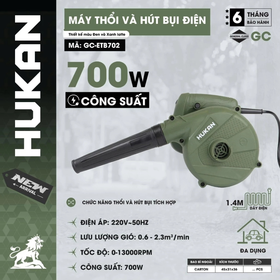 Máy Thổi Lá Hút Bụi Điện HUKAN GC-ETB702, Công Suất 700W - 2 Chức Năng Hút và Thổi