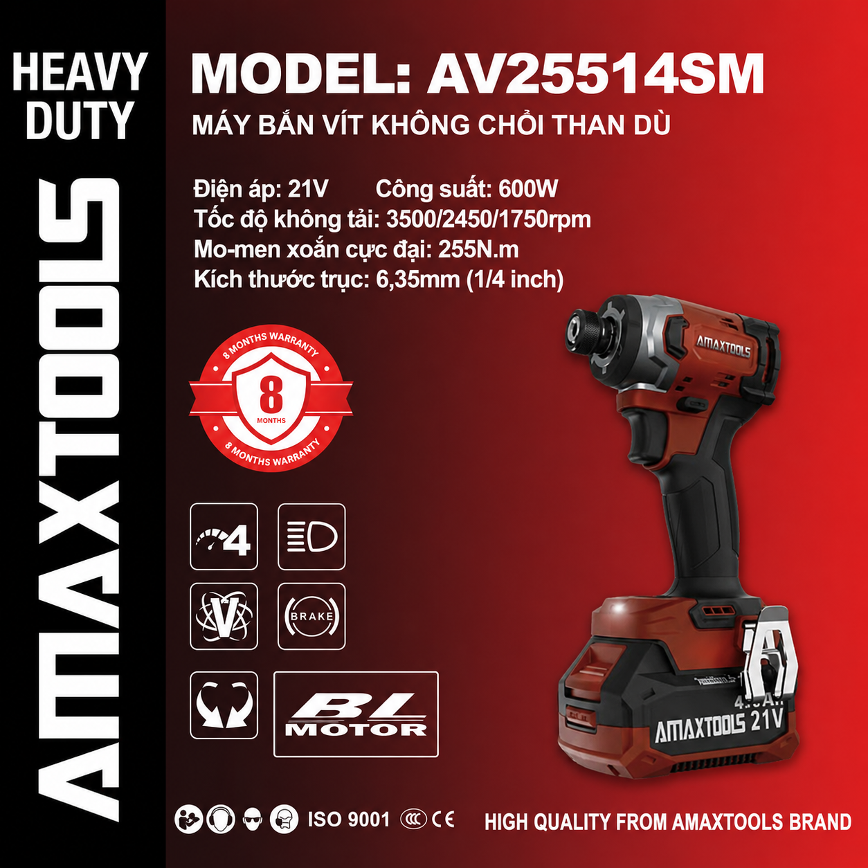 Máy vặn vít Amaxtools AV25514SM 600W, Lực siết 255Nm