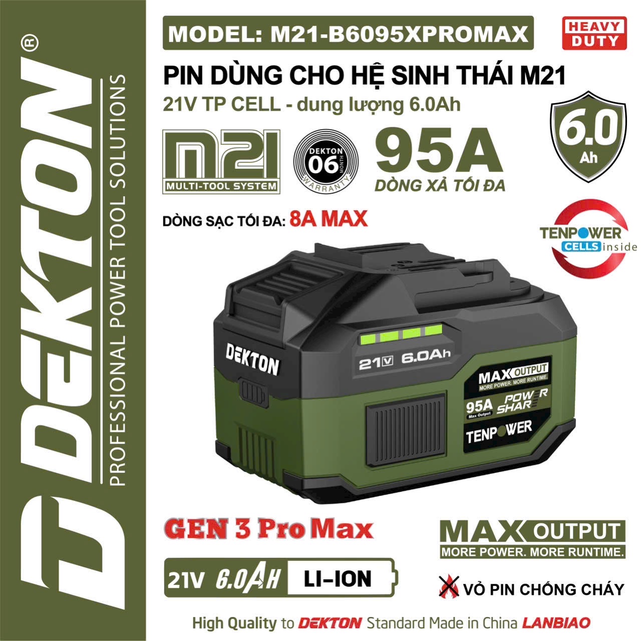 Pin 21V 6.0Ah Dekton M21-B6095XPROMAX 15 Cell, Chống Cháy, Chính Hãng