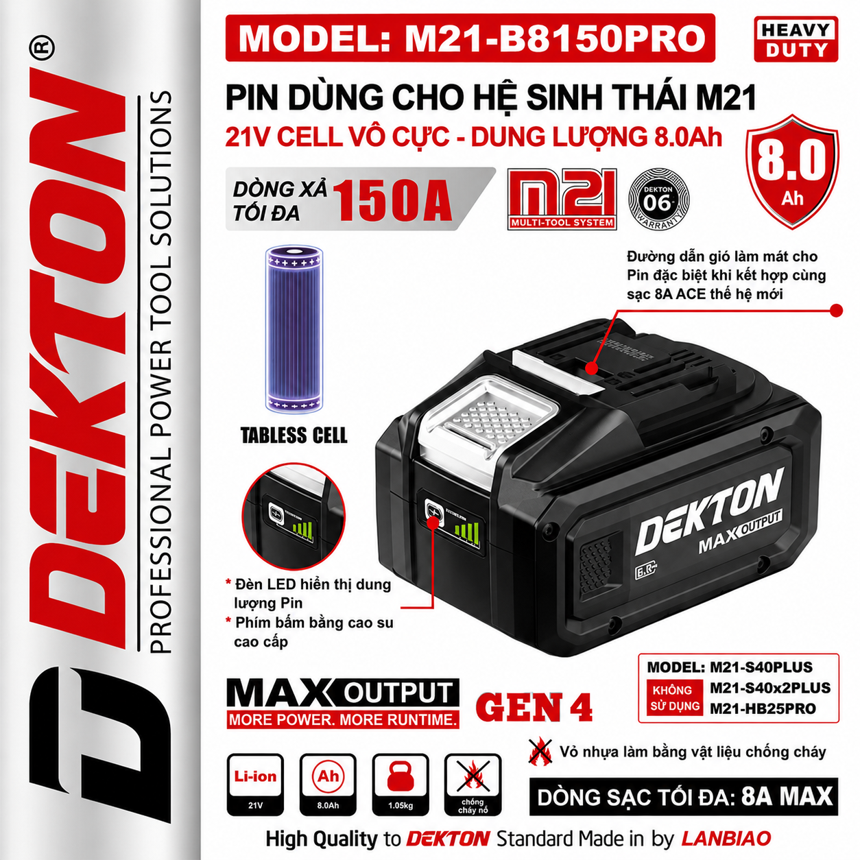 Pin Dekton 21V 8Ah M21-B8150PRO Gen 4 Cell Tabless Dòng Xả 150A Chính Hãng