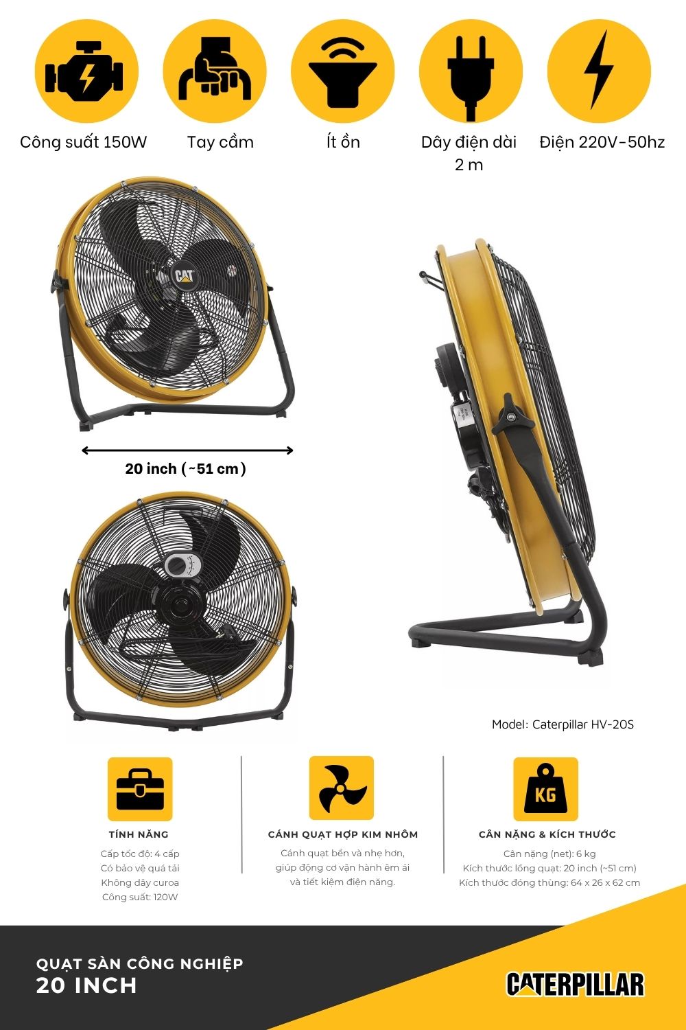 Quạt sàn công nghiệp Caterpillar 20 inch HV-20S 4