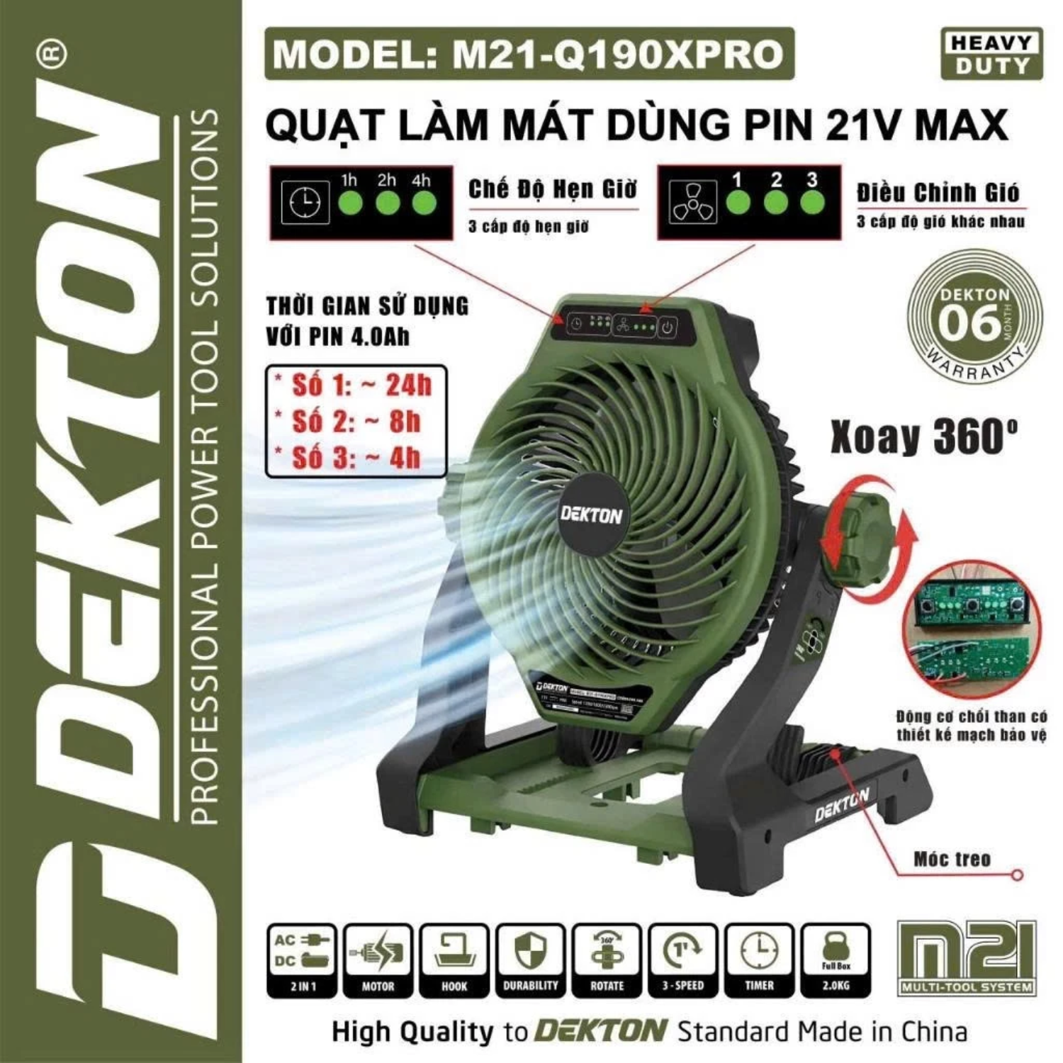 Quạt Phun Sương Dùng Pin 21V Dekton M21-QPS190XPRO Tốc Độ Gió 7.5ms