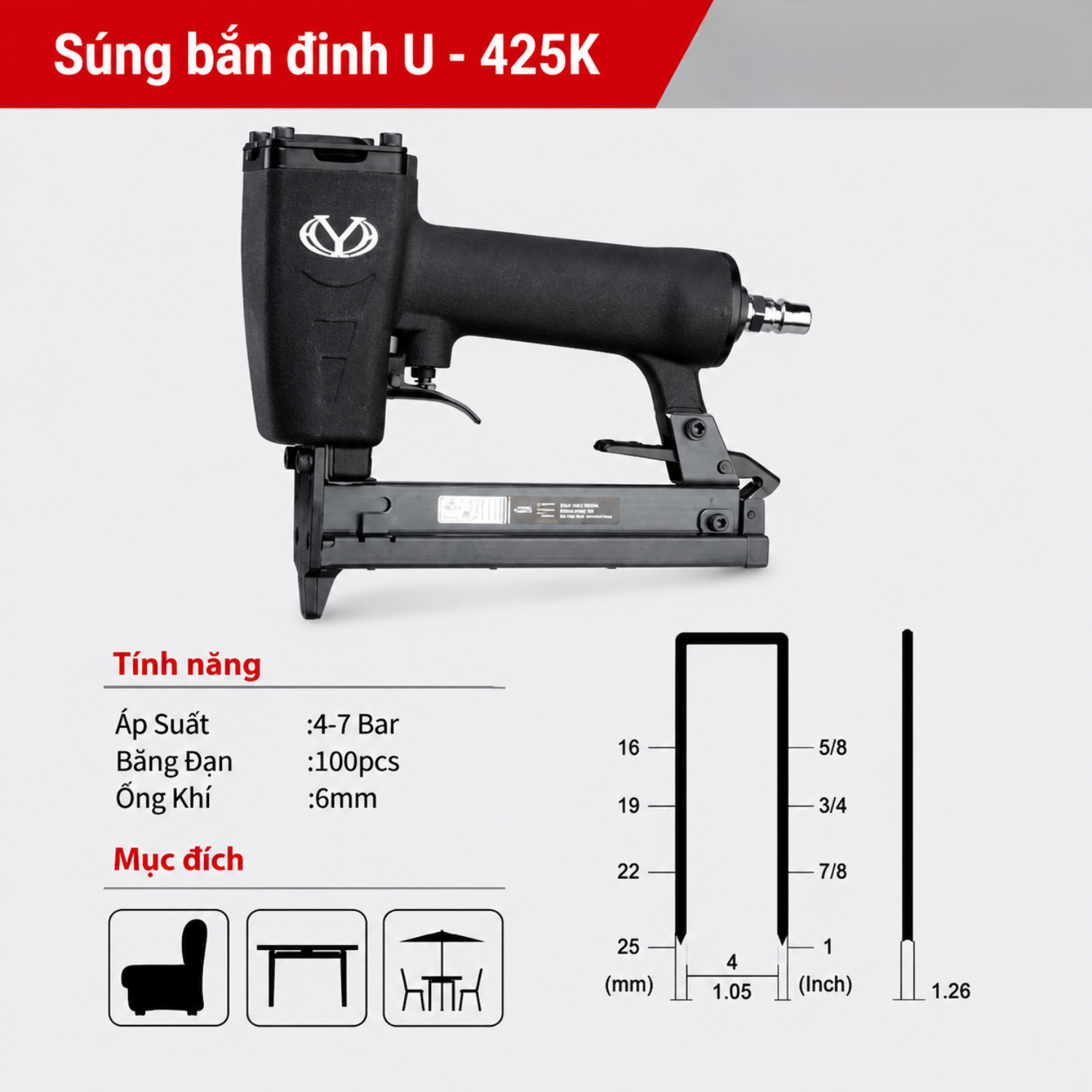 Súng Bắn Đinh U Khí Nén Hybest 425K - Bắn Đinh 16-25mm, Lực Bắn 4-7 Bar Chính Hãng