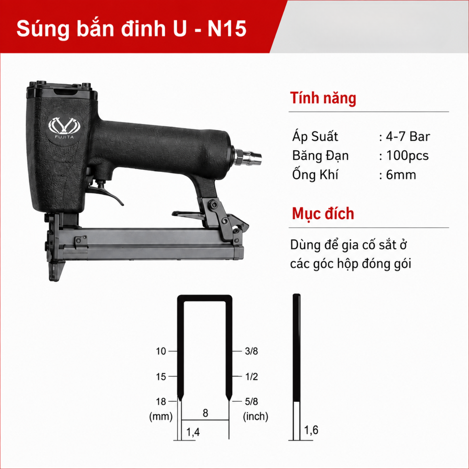 Súng Bắn Đinh U Khí Nén Hybest N15 - Sức Chứa 100 Đinh, Dây Hơi 6mm, Đinh 10-15mm