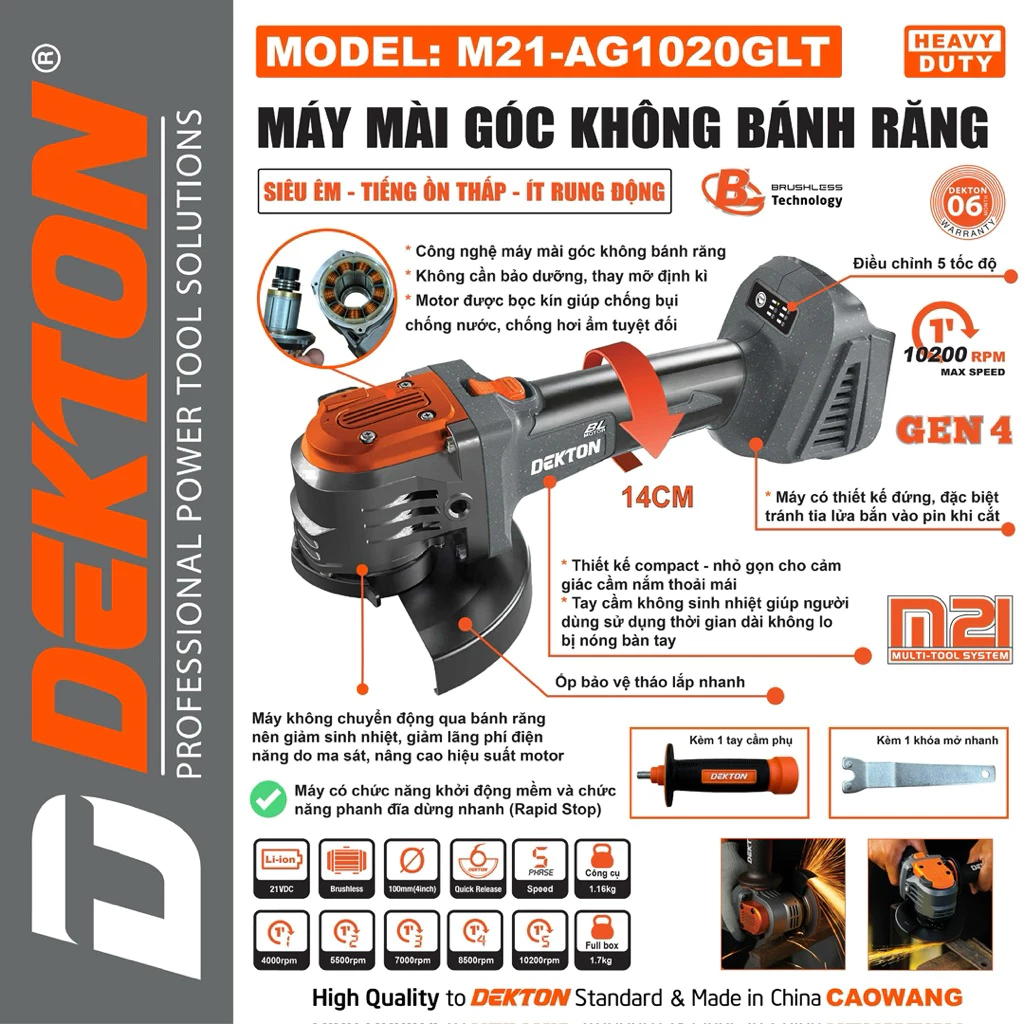 Thân Máy Mài Góc Dùng Pin 21V Dekton M21-AG1020GLT
