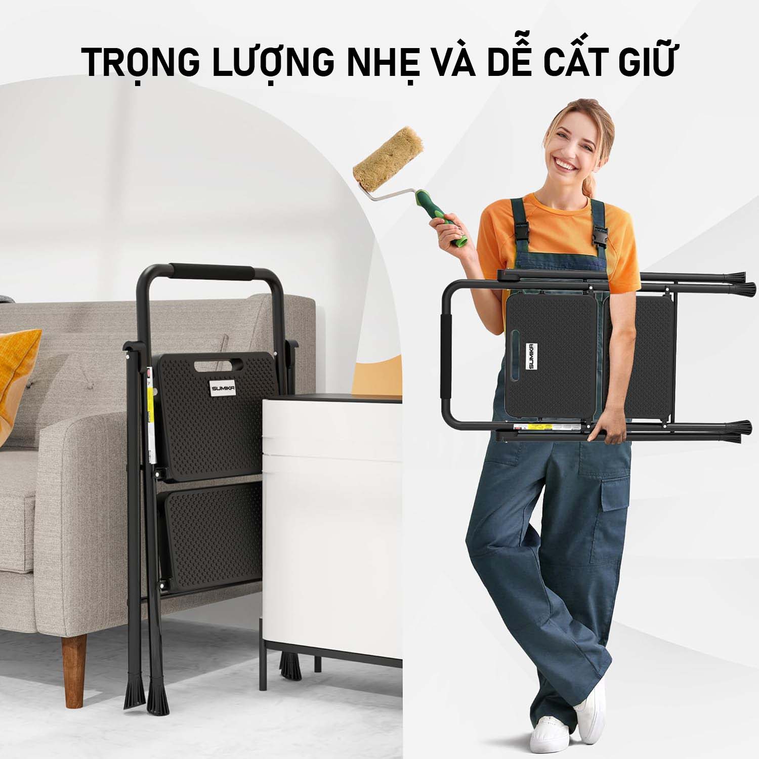 Thang Ghế 02 Bậc SUMIKA A202 - Thép Carbon, Tải 150kg, Tiêu Chuẩn EN131, Gấp Gọn