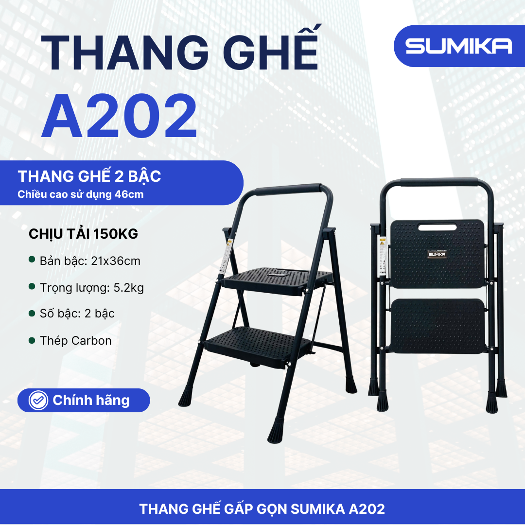 Thang Ghế 02 Bậc SUMIKA A202 - Thép Carbon, Tải 150kg, Tiêu Chuẩn EN131, Gấp Gọn