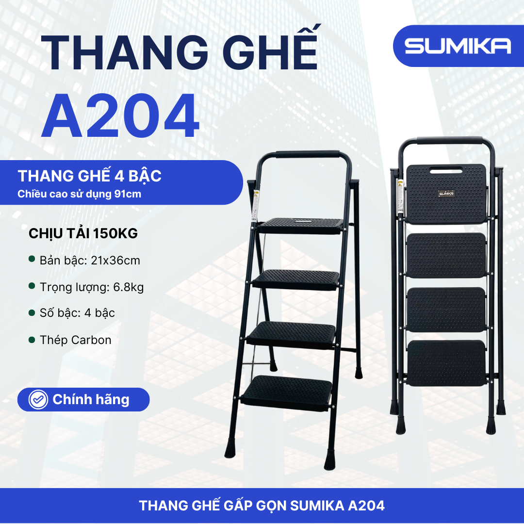 Thang Ghế 04 Bậc SUMIKA A204 - Thép Carbon, Tải 150kg, EN131, Gấp Gọn, Bậc Rộng